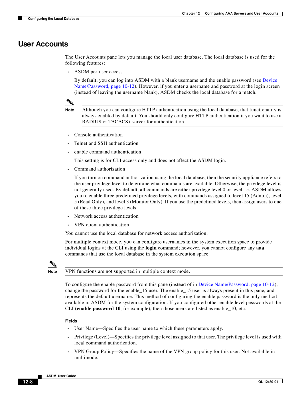 Cisco Systems OL-12180-01 manual User Accounts, 12-8 