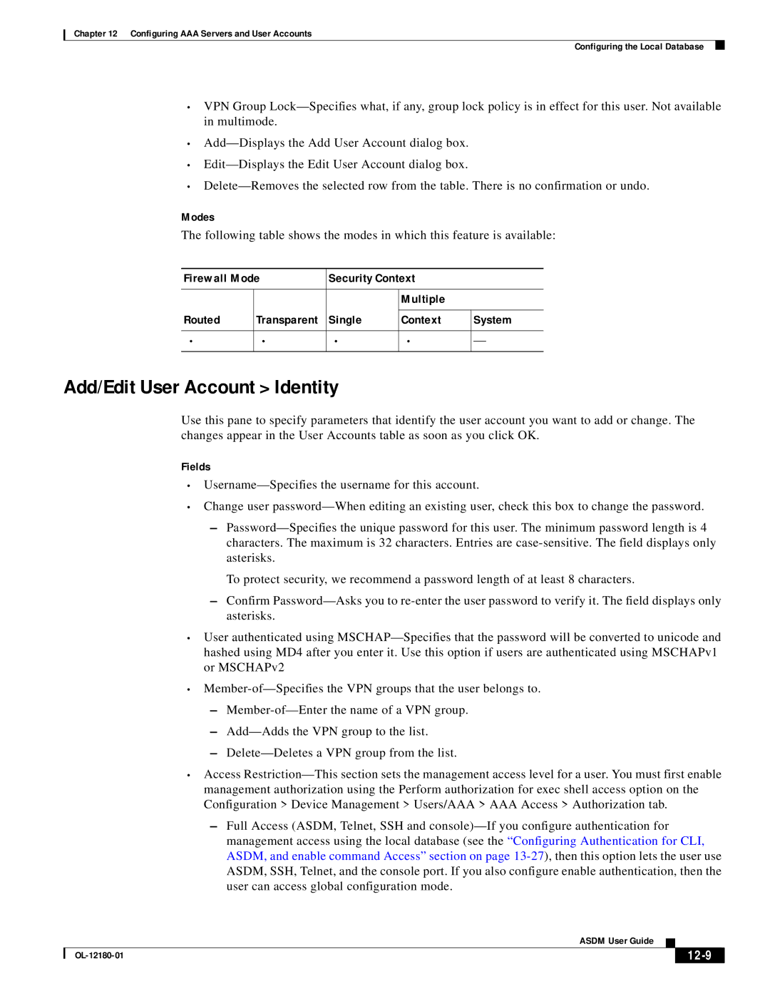 Cisco Systems OL-12180-01 manual Add/Edit User Account Identity, 12-9 