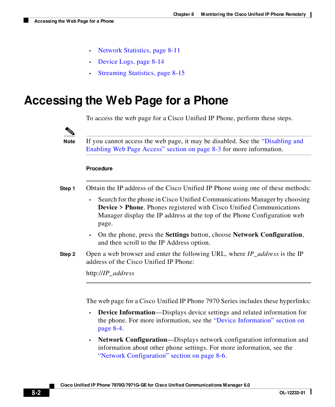 Cisco Systems OL-12232-01 manual Accessing the Web Page for a Phone, Procedure 