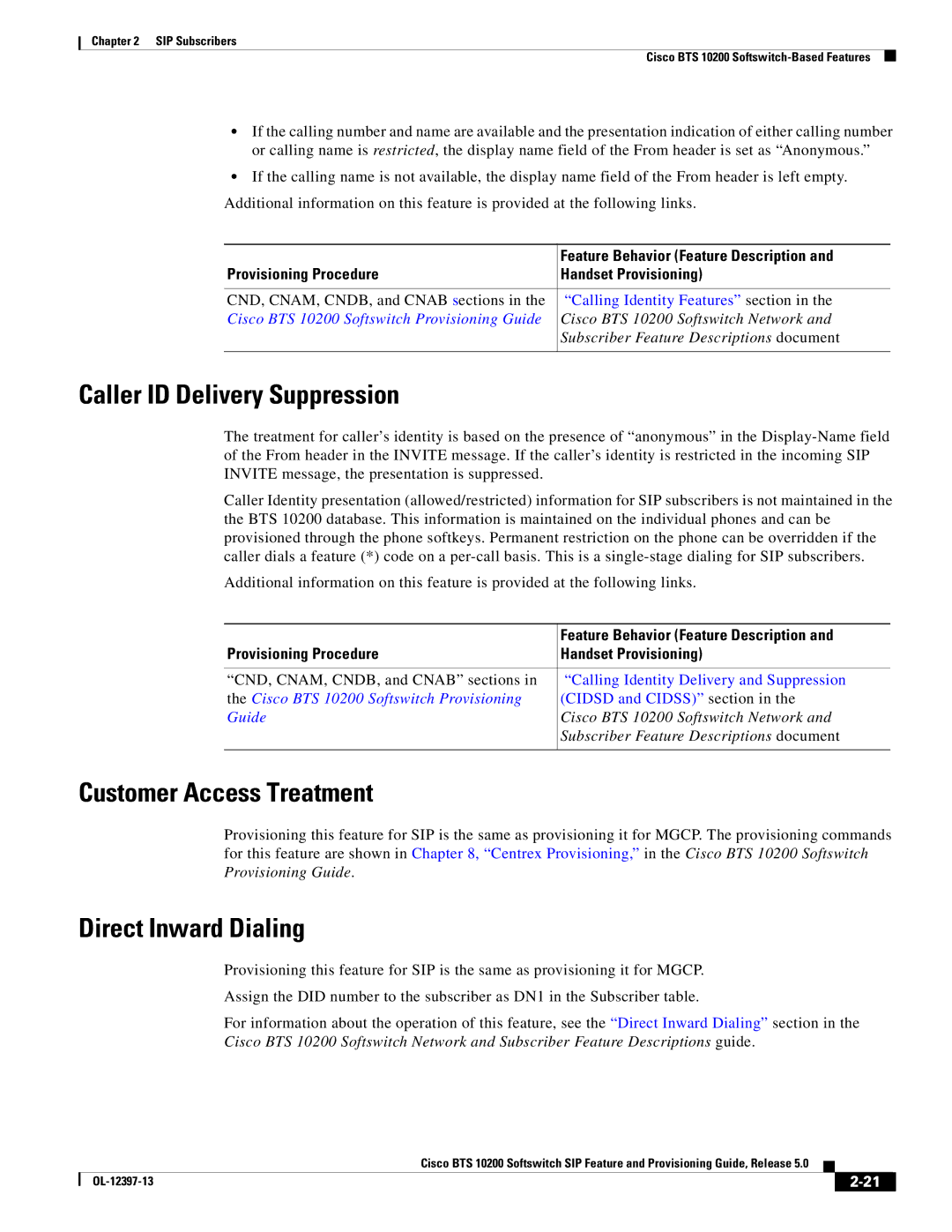 Cisco Systems OL-12397-13 manual Caller ID Delivery Suppression, Customer Access Treatment, Direct Inward Dialing 