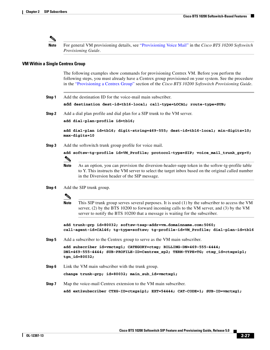 Cisco Systems OL-12397-13 manual VM Within a Single Centrex Group, Add the SIP trunk group 