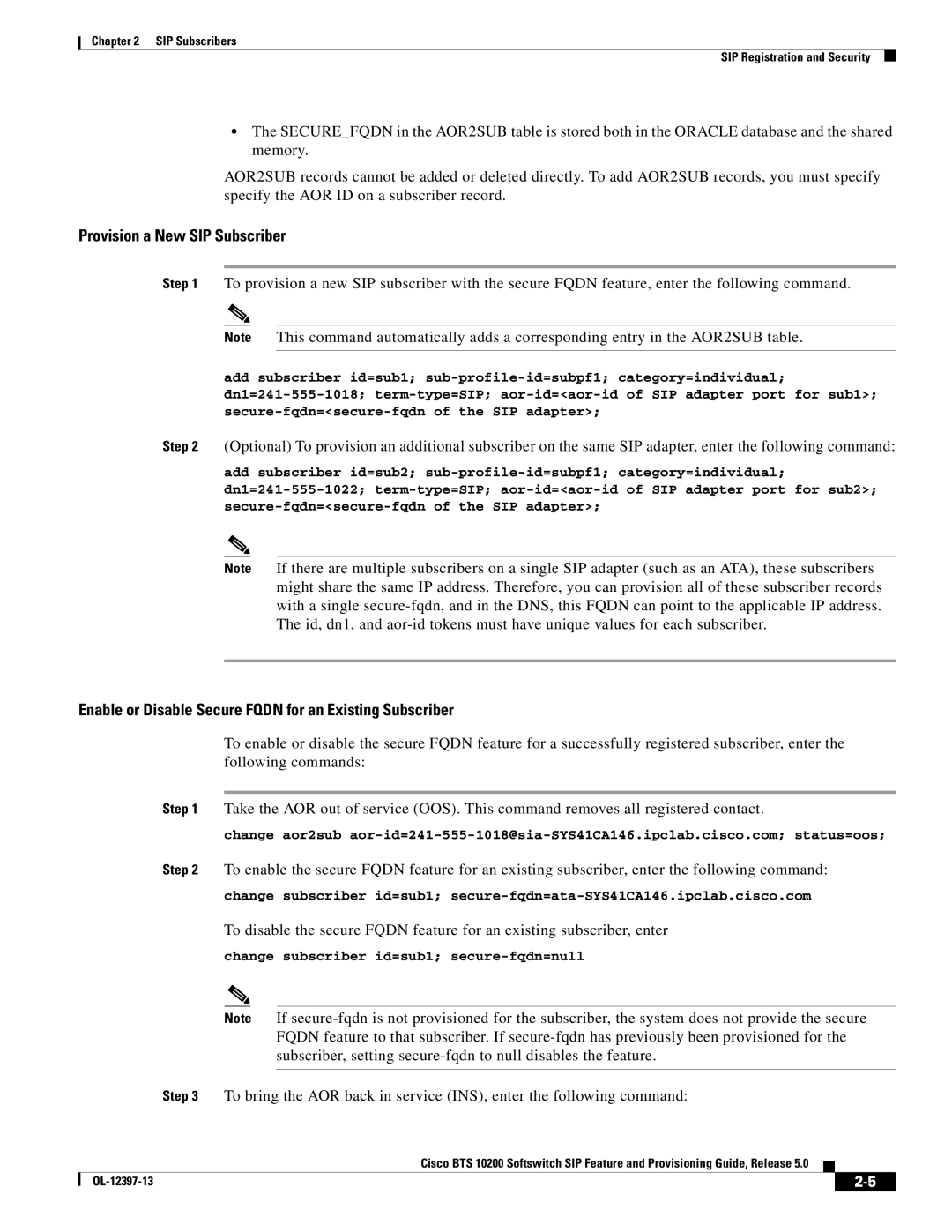 Cisco Systems OL-12397-13 manual Provision a New SIP Subscriber, Enable or Disable Secure Fqdn for an Existing Subscriber 