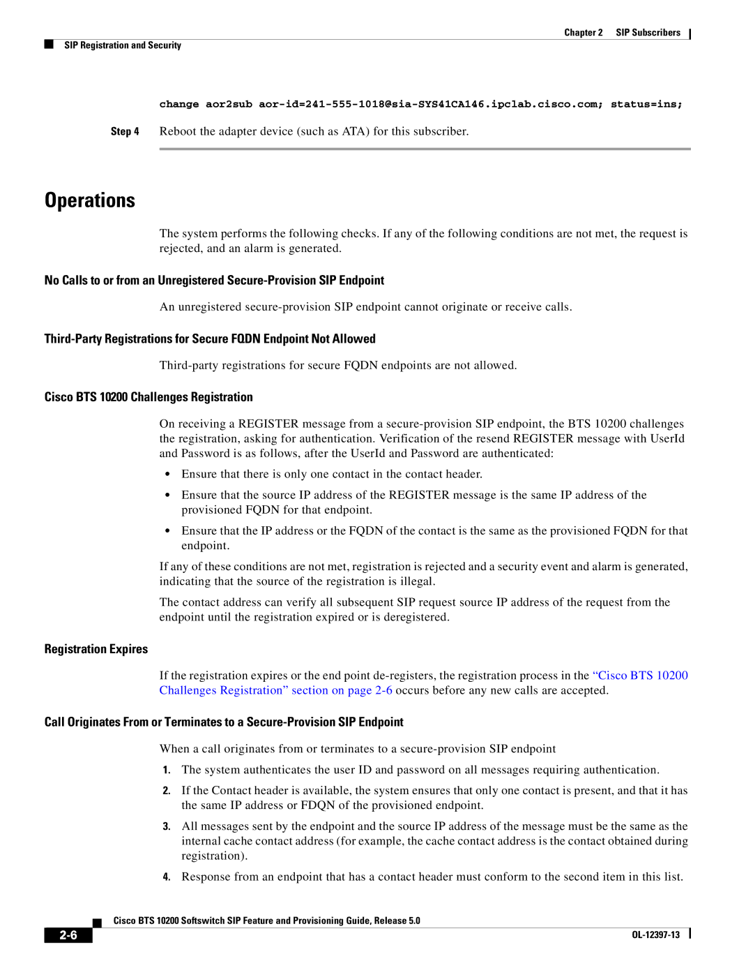 Cisco Systems OL-12397-13 manual Operations, Cisco BTS 10200 Challenges Registration, Registration Expires 