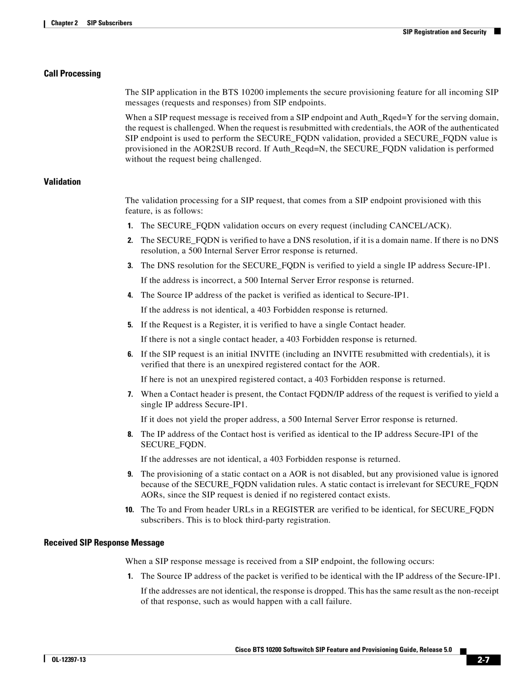 Cisco Systems OL-12397-13 manual Call Processing, Validation, Received SIP Response Message, Securefqdn 