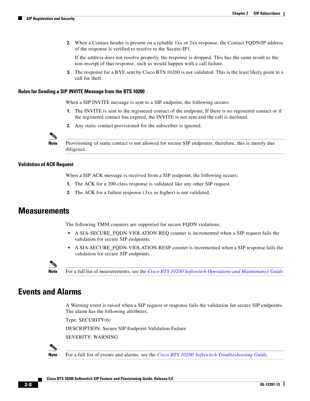 Cisco Systems OL-12397-13 manual Measurements, Events and Alarms, Rules for Sending a SIP Invite Message from the BTS 