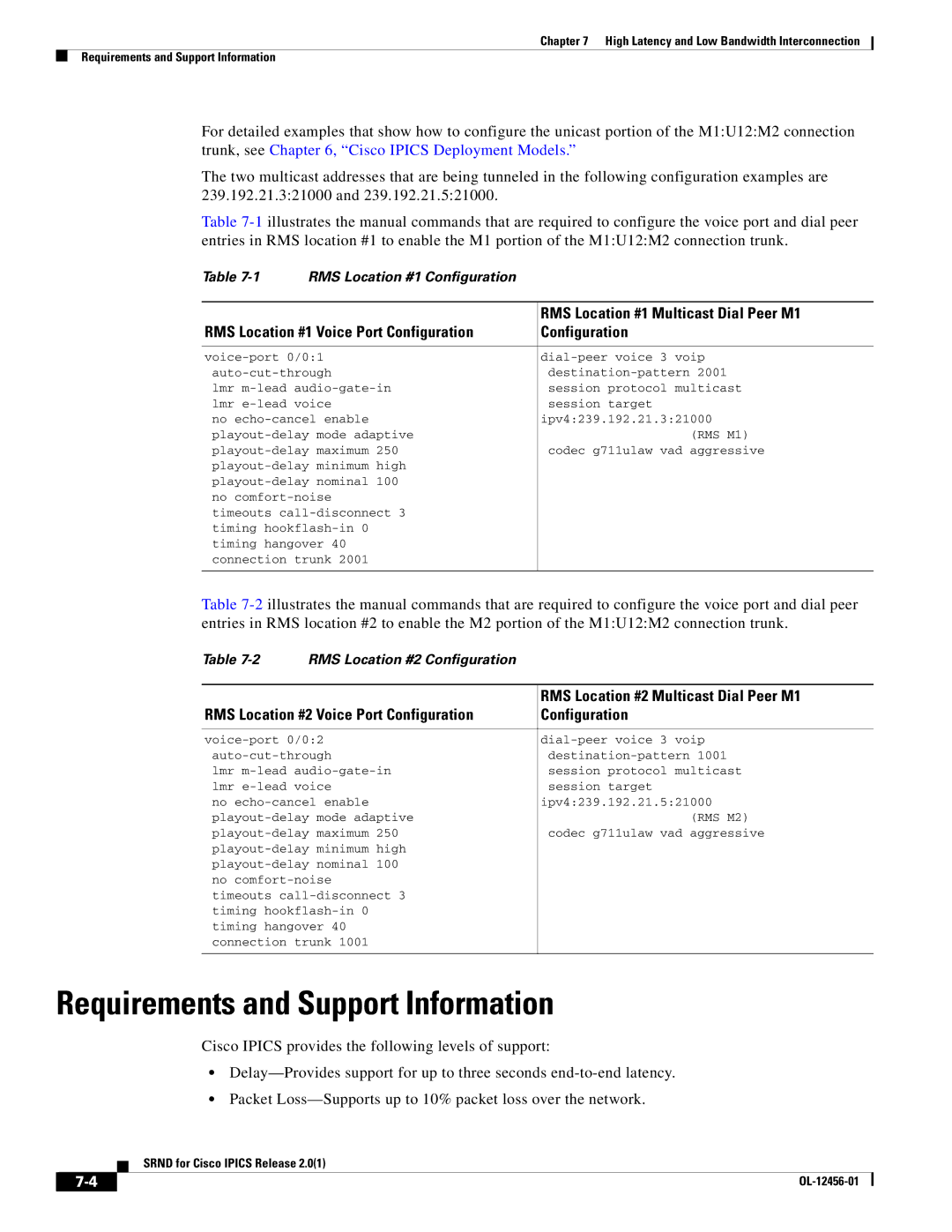 Cisco Systems OL-12456-01 manual Requirements and Support Information, RMS Location #1 Multicast Dial Peer M1 