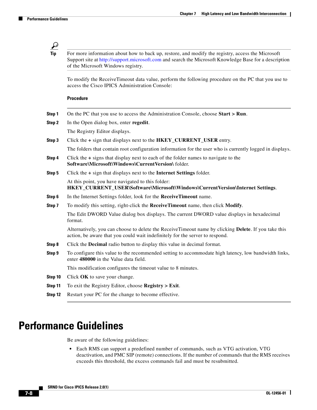 Cisco Systems OL-12456-01 manual Performance Guidelines, Software\Microsoft\Windows\CurrentVersion\ folder 