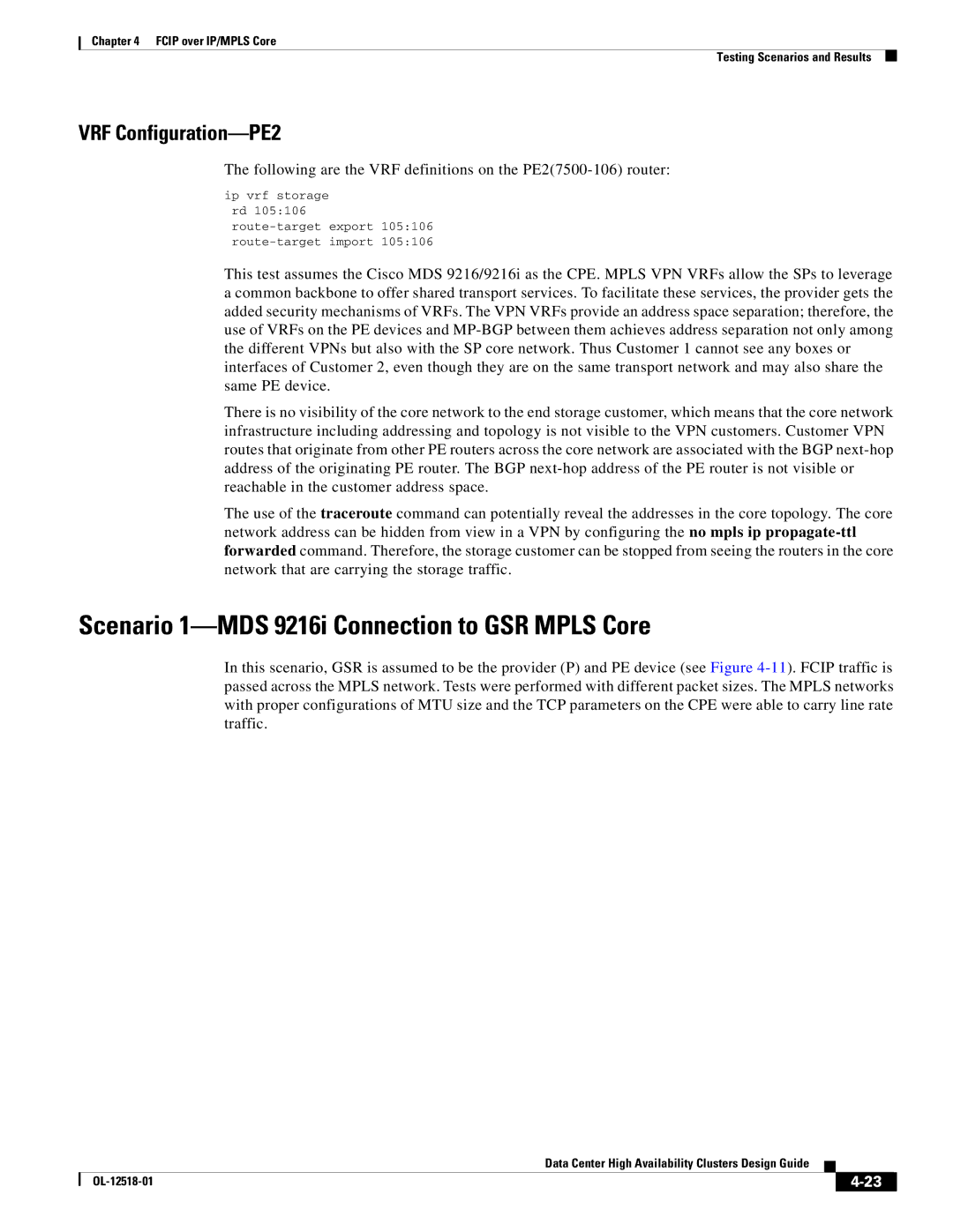 Cisco Systems OL-12518-01 manual Scenario 1-MDS 9216i Connection to GSR Mpls Core, VRF Configuration-PE2 