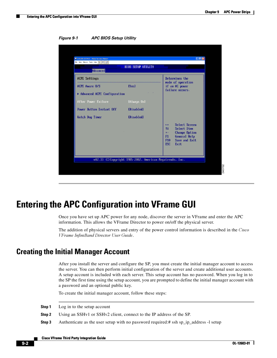 Cisco Systems OL-12603-01 manual Entering the APC Configuration into VFrame GUI, Creating the Initial Manager Account 
