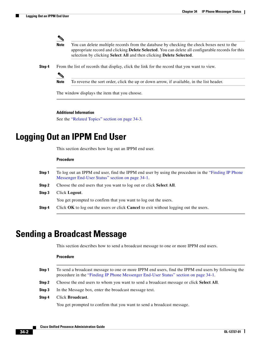 Cisco Systems OL-12727-01 manual Logging Out an Ippm End User, Sending a Broadcast Message, Click Broadcast, 34-2 