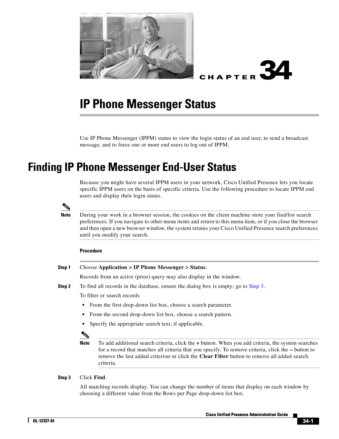 Cisco Systems OL-12727-01 manual Finding IP Phone Messenger End-User Status, Procedure, 34-1, IP Phone Messenger Status 