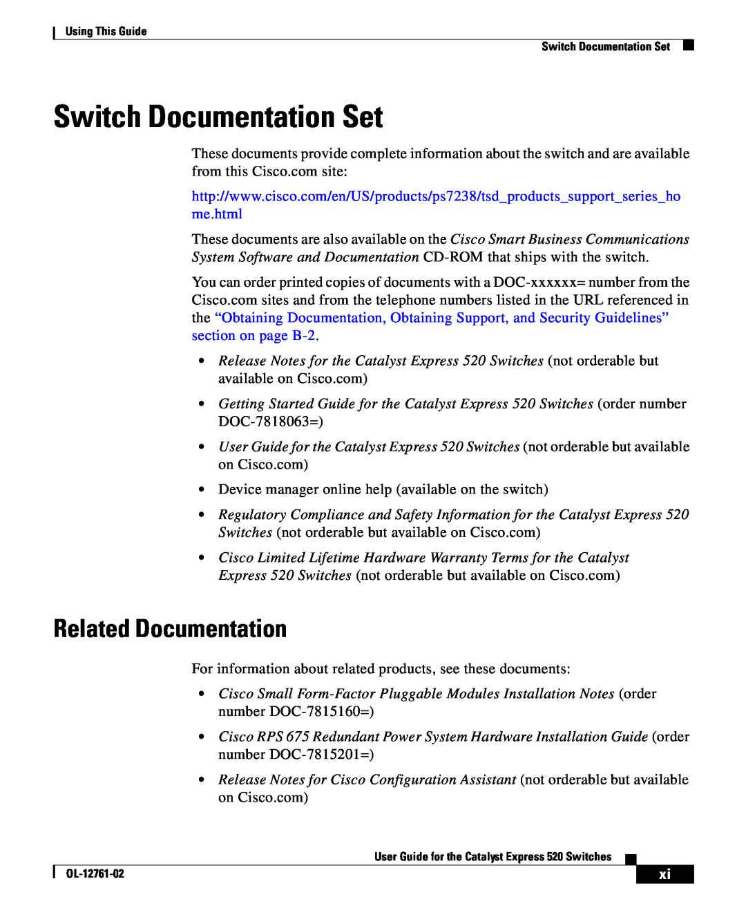 Cisco Systems OL-12761-02 manual Switch Documentation Set, Related Documentation 