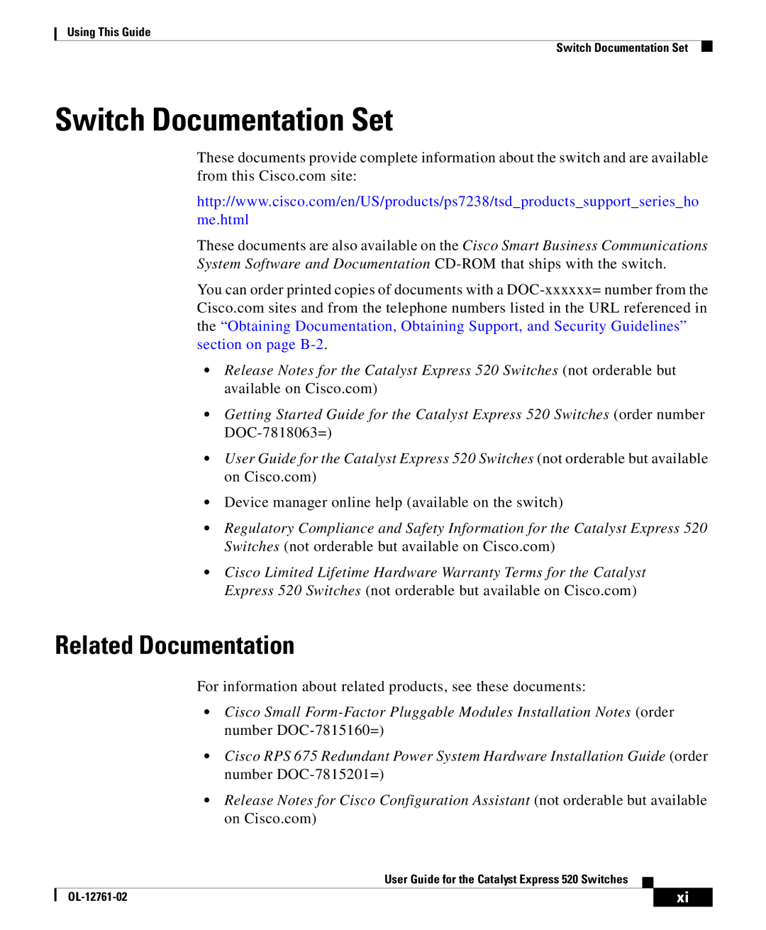 Cisco Systems OL-12761-02 manual Switch Documentation Set, Related Documentation 