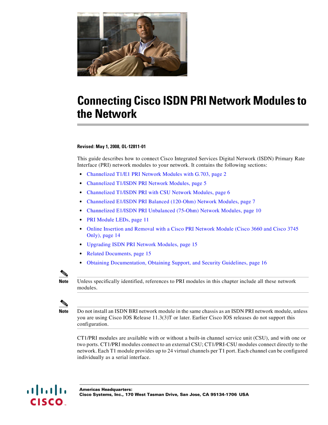 Cisco Systems OL-12811-01 manual Connecting Cisco Isdn PRI Network Modules to the Network 