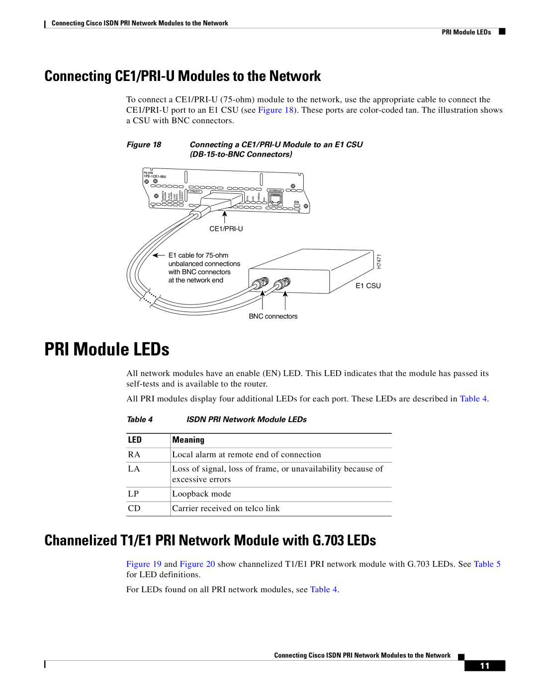 Cisco Systems OL-12811-01 manual PRI Module LEDs, Connecting CE1/PRI-U Modules to the Network, Meaning 