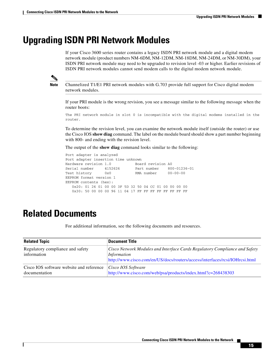 Cisco Systems OL-12811-01 manual Upgrading Isdn PRI Network Modules, Related Documents, Related Topic Document Title 