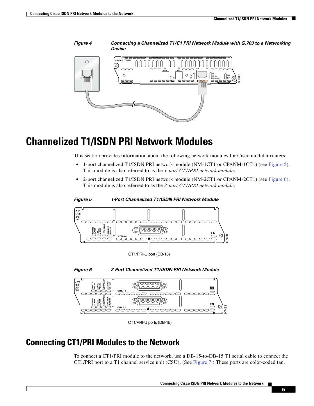 Cisco Systems OL-12811-01 manual Channelized T1/ISDN PRI Network Modules, Connecting CT1/PRI Modules to the Network 