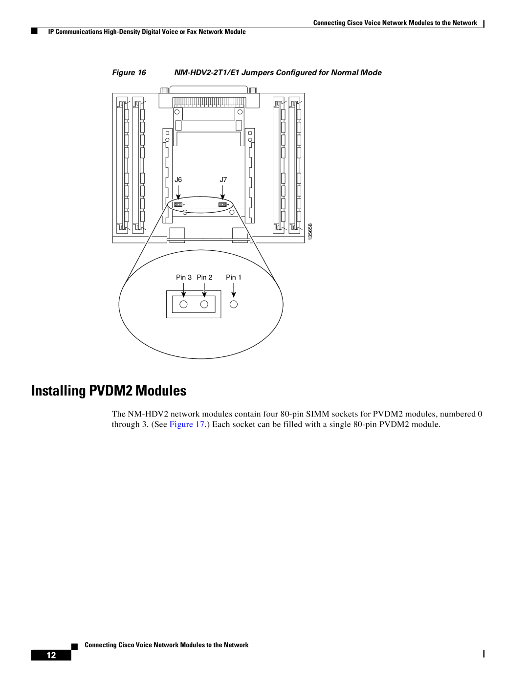 Cisco Systems OL-12812-01 manual Installing PVDM2 Modules, NM-HDV2-2T1/E1 Jumpers Configured for Normal Mode 