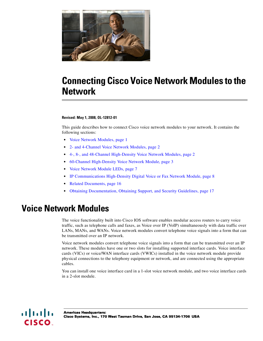 Cisco Systems OL-12812-01 manual Connecting Cisco Voice Network Modules to the Network, Voice Network Modules, page 