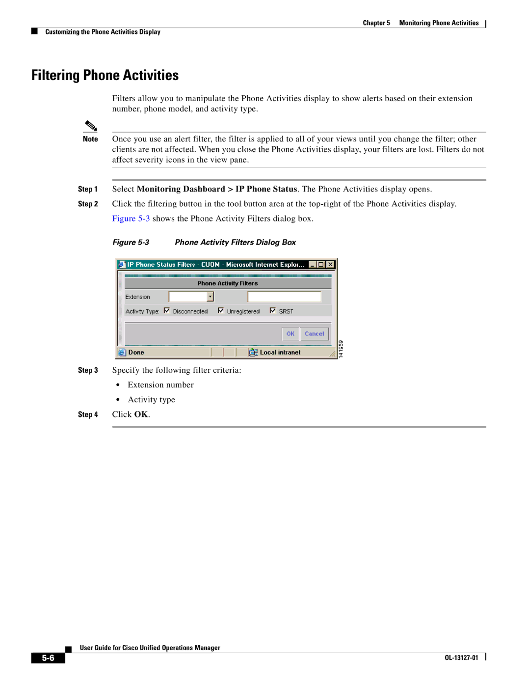 Cisco Systems OL-13127-01 manual Filtering Phone Activities, Phone Activity Filters Dialog Box 