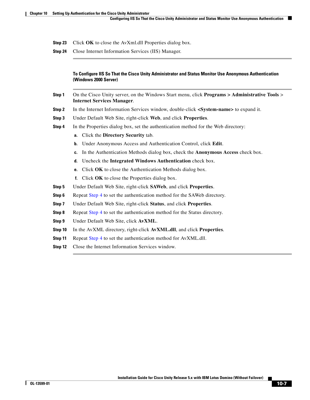 Cisco Systems OL-13599-01 manual Uncheck the Integrated Windows Authentication check box, 10-7 