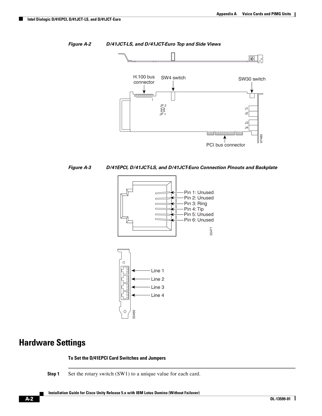 Cisco Systems OL-13599-01 manual Hardware Settings, To Set the D/41EPCI Card Switches and Jumpers 