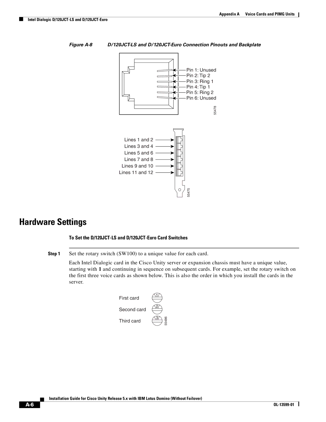 Cisco Systems OL-13599-01 manual Hardware Settings, To Set the D/120JCT-LS and D/120JCT-Euro Card Switches 