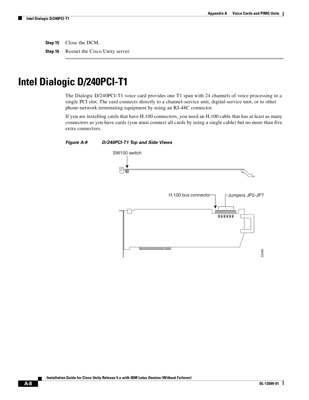 Cisco Systems OL-13599-01 manual Intel Dialogic D/240PCI-T1, SW100 switch Bus connector Jumpers JP2-JP7 