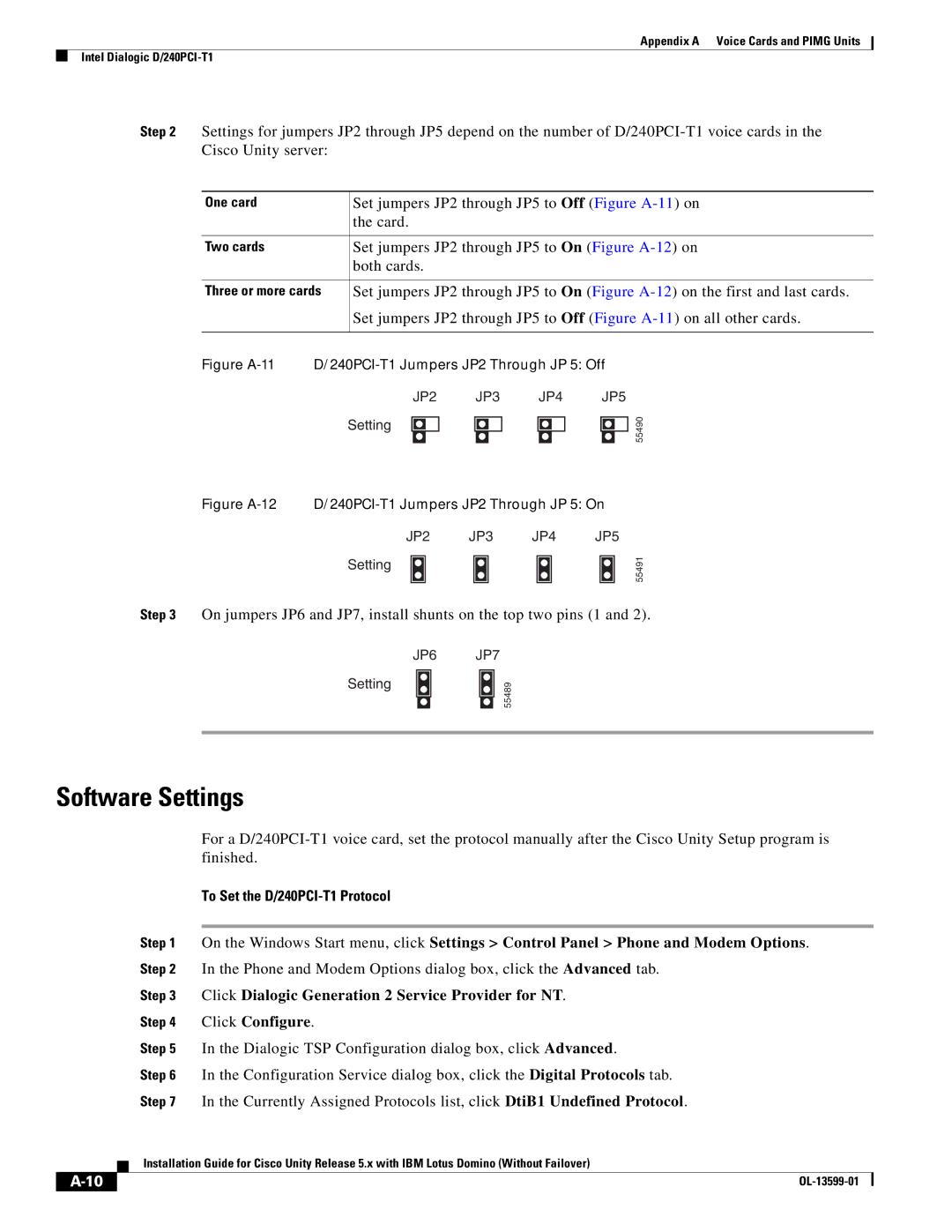 Cisco Systems OL-13599-01 manual To Set the D/240PCI-T1 Protocol, Figure A-11 240PCI-T1 Jumpers JP2 Through JP 5 Off 