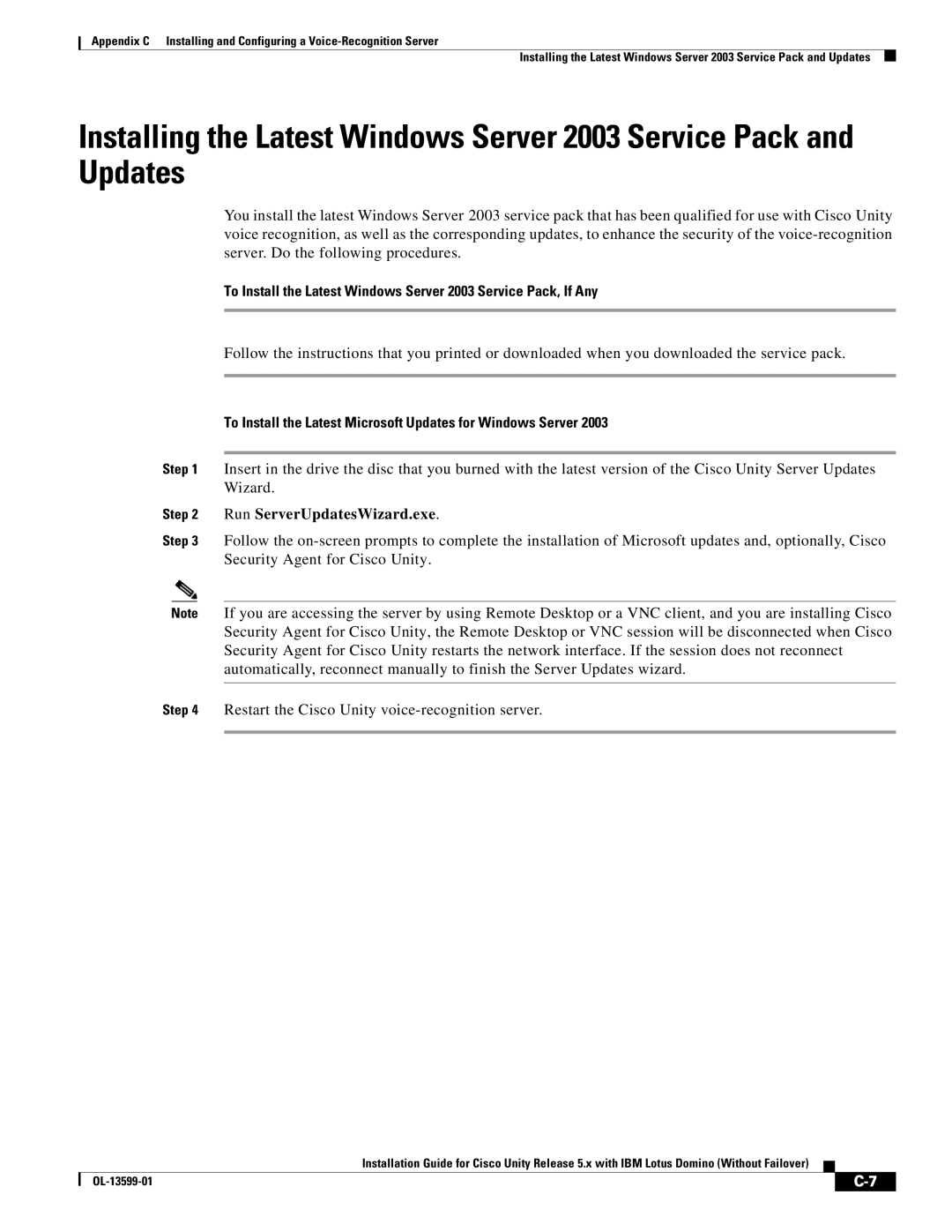 Cisco Systems OL-13599-01 manual To Install the Latest Microsoft Updates for Windows Server, Run ServerUpdatesWizard.exe 