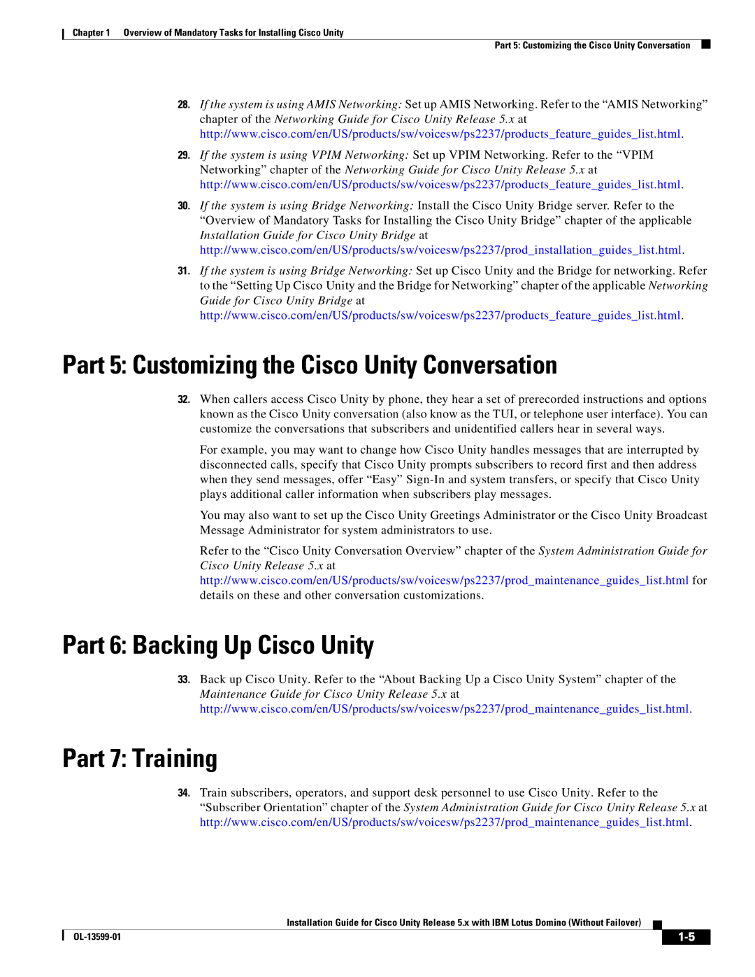 Cisco Systems OL-13599-01 Part 5 Customizing the Cisco Unity Conversation, Part 6 Backing Up Cisco Unity Part 7 Training 