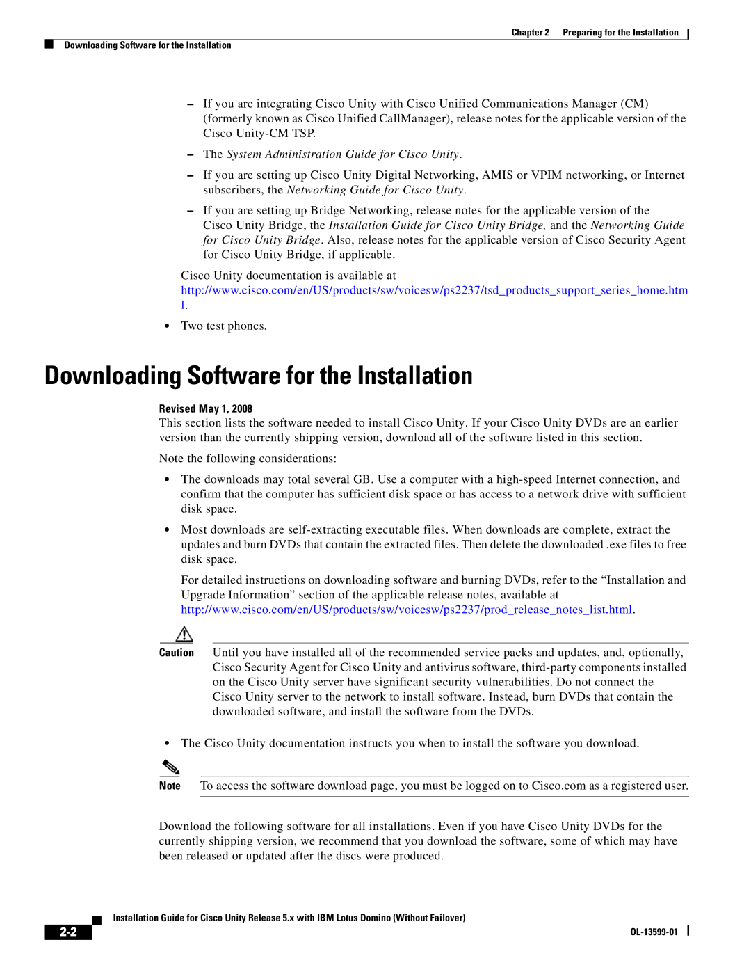 Cisco Systems OL-13599-01 manual Downloading Software for the Installation, System Administration Guide for Cisco Unity 