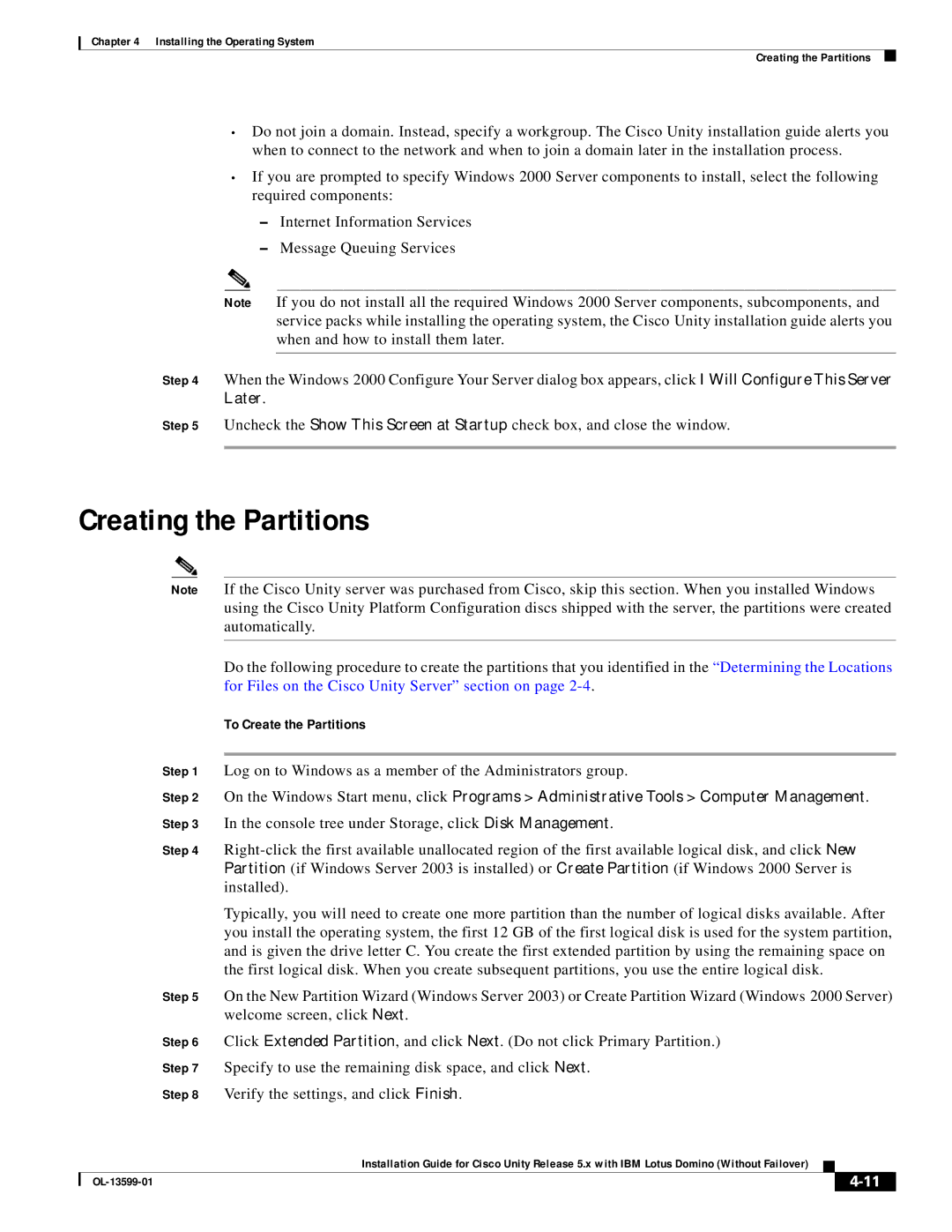 Cisco Systems OL-13599-01 manual Creating the Partitions, To Create the Partitions 