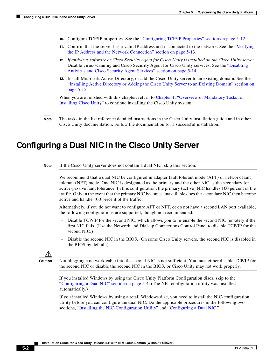 Cisco Systems OL-13599-01 manual Configuring a Dual NIC in the Cisco Unity Server 