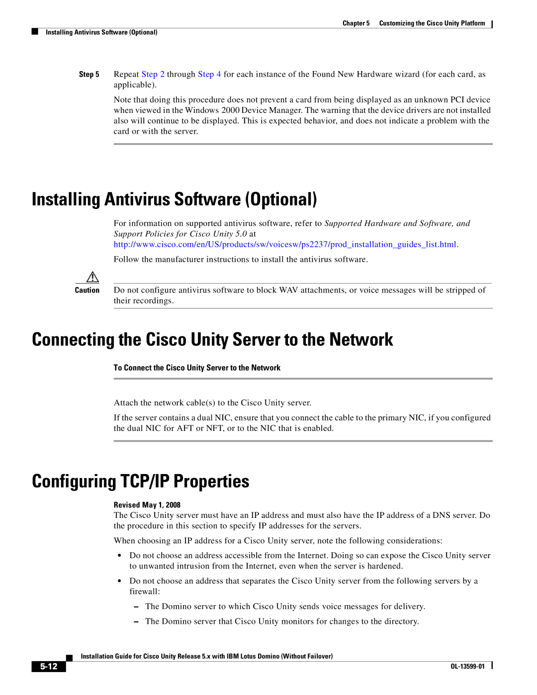 Cisco Systems OL-13599-01 manual Installing Antivirus Software Optional, Connecting the Cisco Unity Server to the Network 