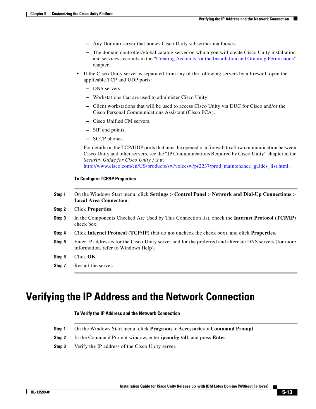 Cisco Systems OL-13599-01 manual Verifying the IP Address and the Network Connection, To Configure TCP/IP Properties 