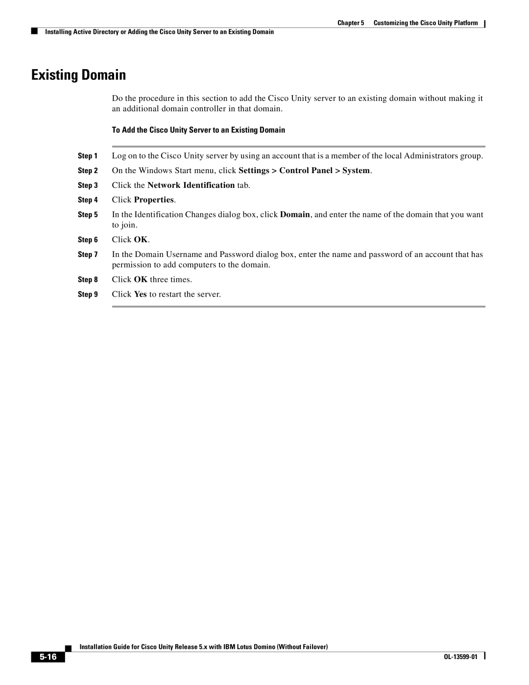 Cisco Systems OL-13599-01 manual To Add the Cisco Unity Server to an Existing Domain 