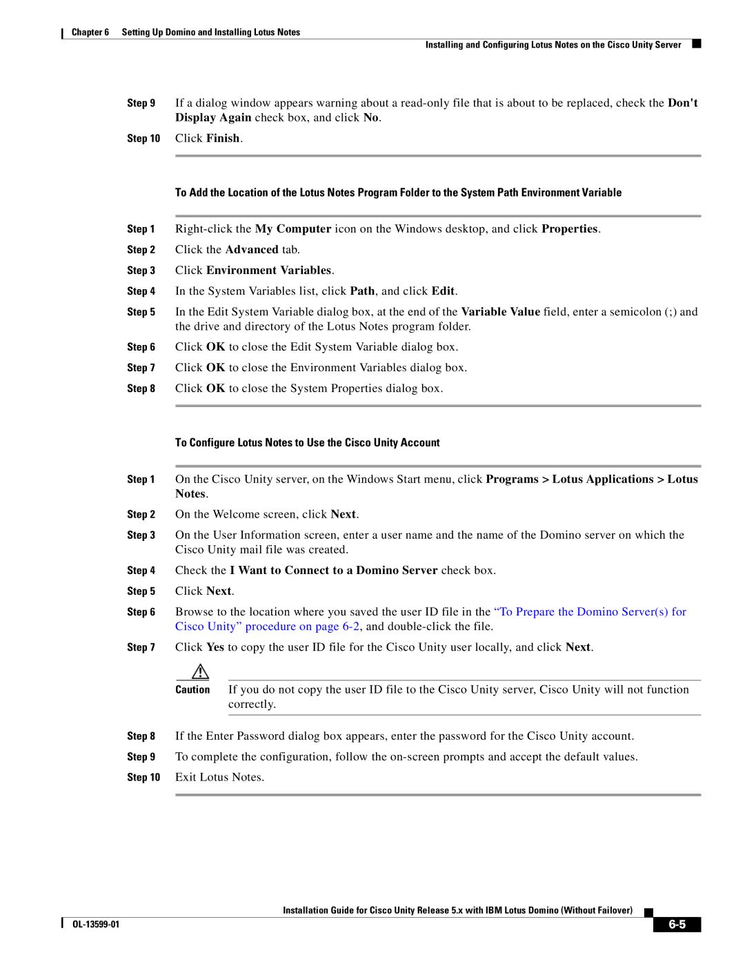 Cisco Systems OL-13599-01 manual Click Environment Variables, To Configure Lotus Notes to Use the Cisco Unity Account 