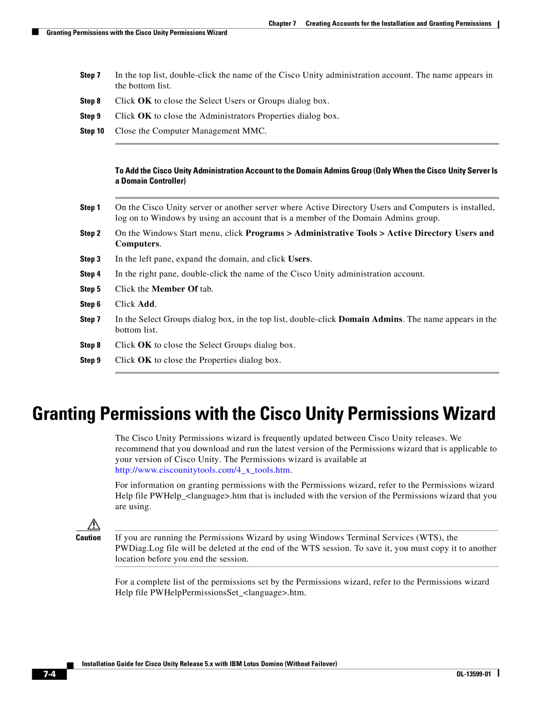 Cisco Systems OL-13599-01 manual Granting Permissions with the Cisco Unity Permissions Wizard 