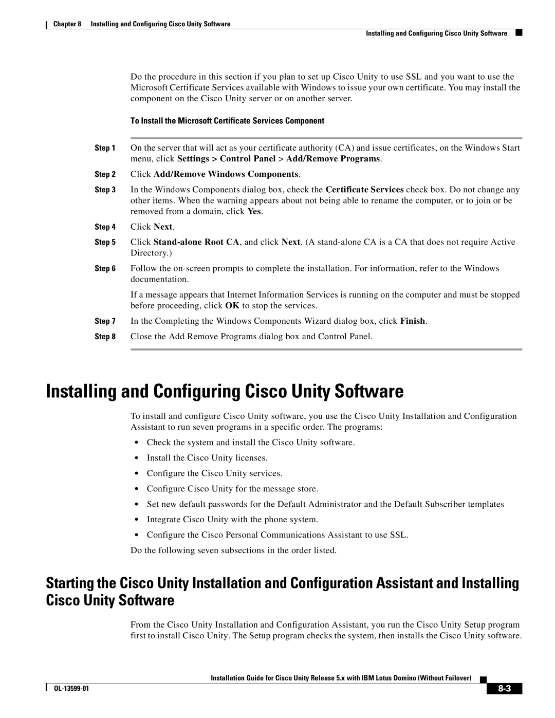 Cisco Systems OL-13599-01 manual Installing and Configuring Cisco Unity Software, Click Add/Remove Windows Components 