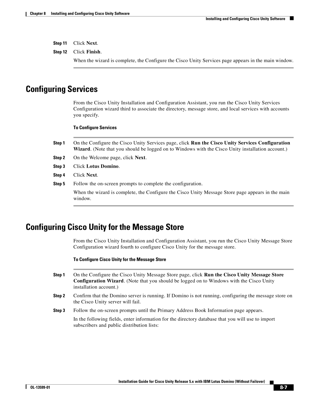 Cisco Systems OL-13599-01 manual Configuring Services, Configuring Cisco Unity for the Message Store, To Configure Services 