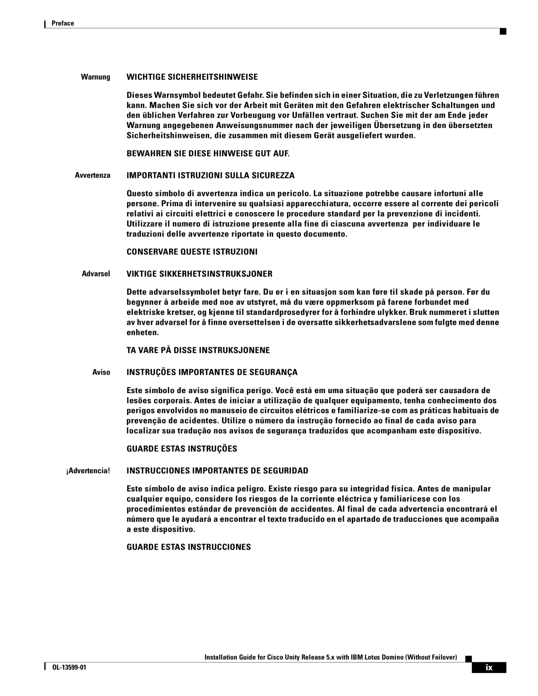 Cisco Systems OL-13599-01 manual Warnung Wichtige Sicherheitshinweise, Avvertenza Importanti Istruzioni Sulla Sicurezza 