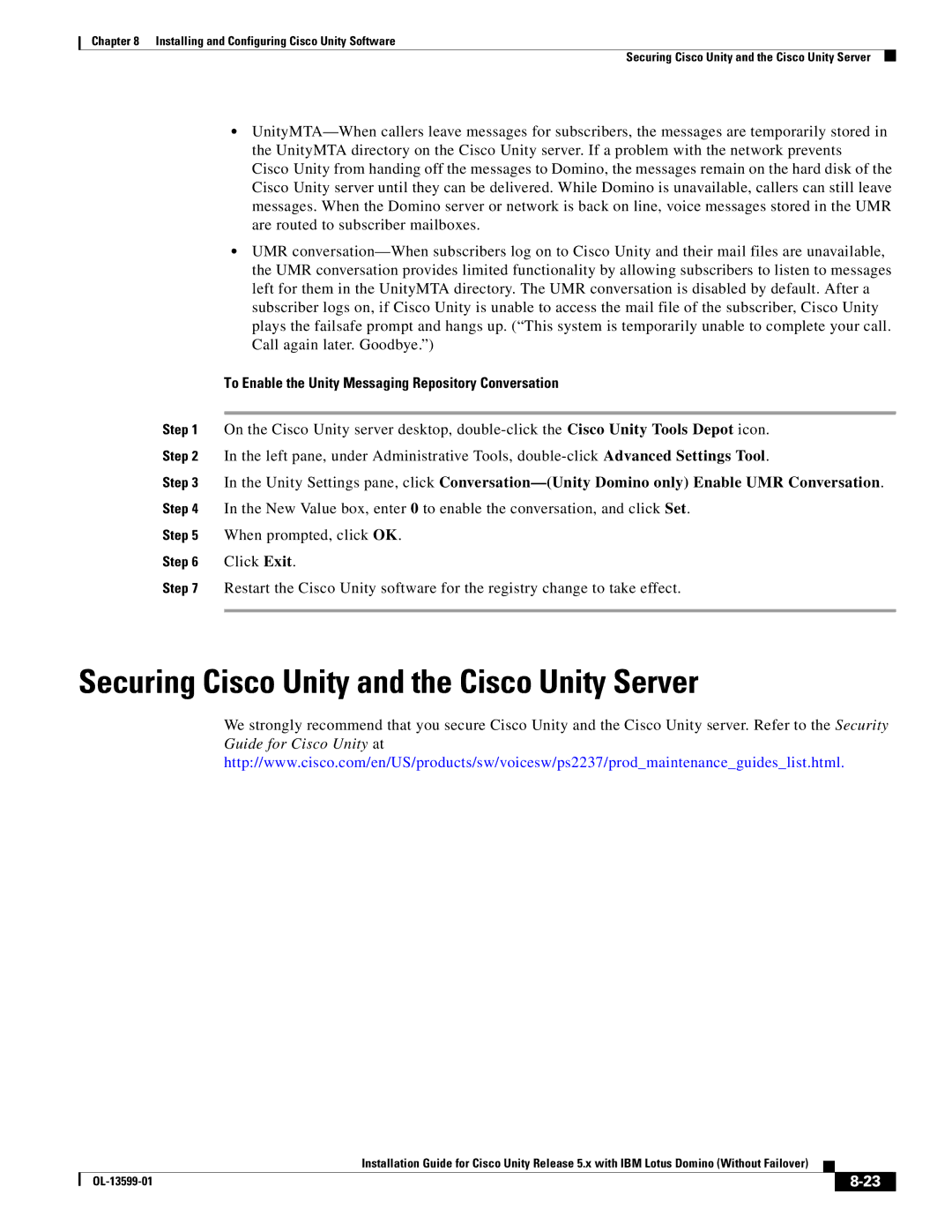 Cisco Systems OL-13599-01 manual Securing Cisco Unity and the Cisco Unity Server 