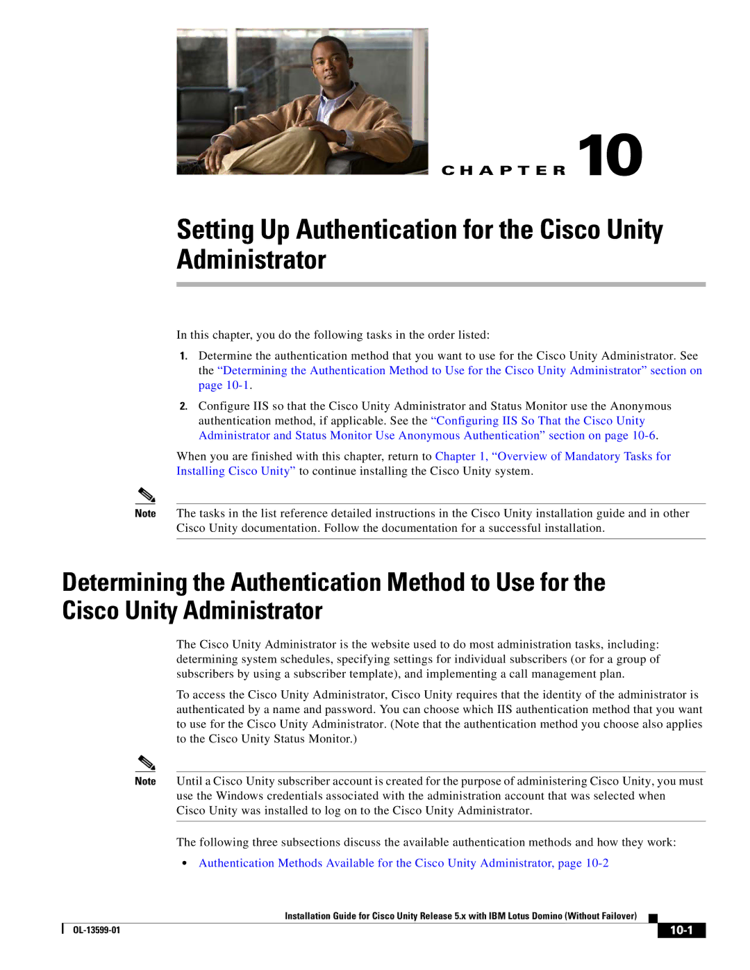 Cisco Systems OL-13599-01 manual Setting Up Authentication for the Cisco Unity Administrator, 10-1 