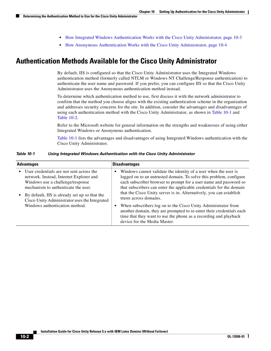 Cisco Systems OL-13599-01 manual Advantages Disadvantages, 10-2 