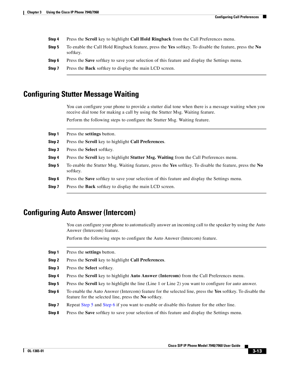 Cisco Systems OL-1365-01 manual Configuring Stutter Message Waiting, Configuring Auto Answer Intercom 
