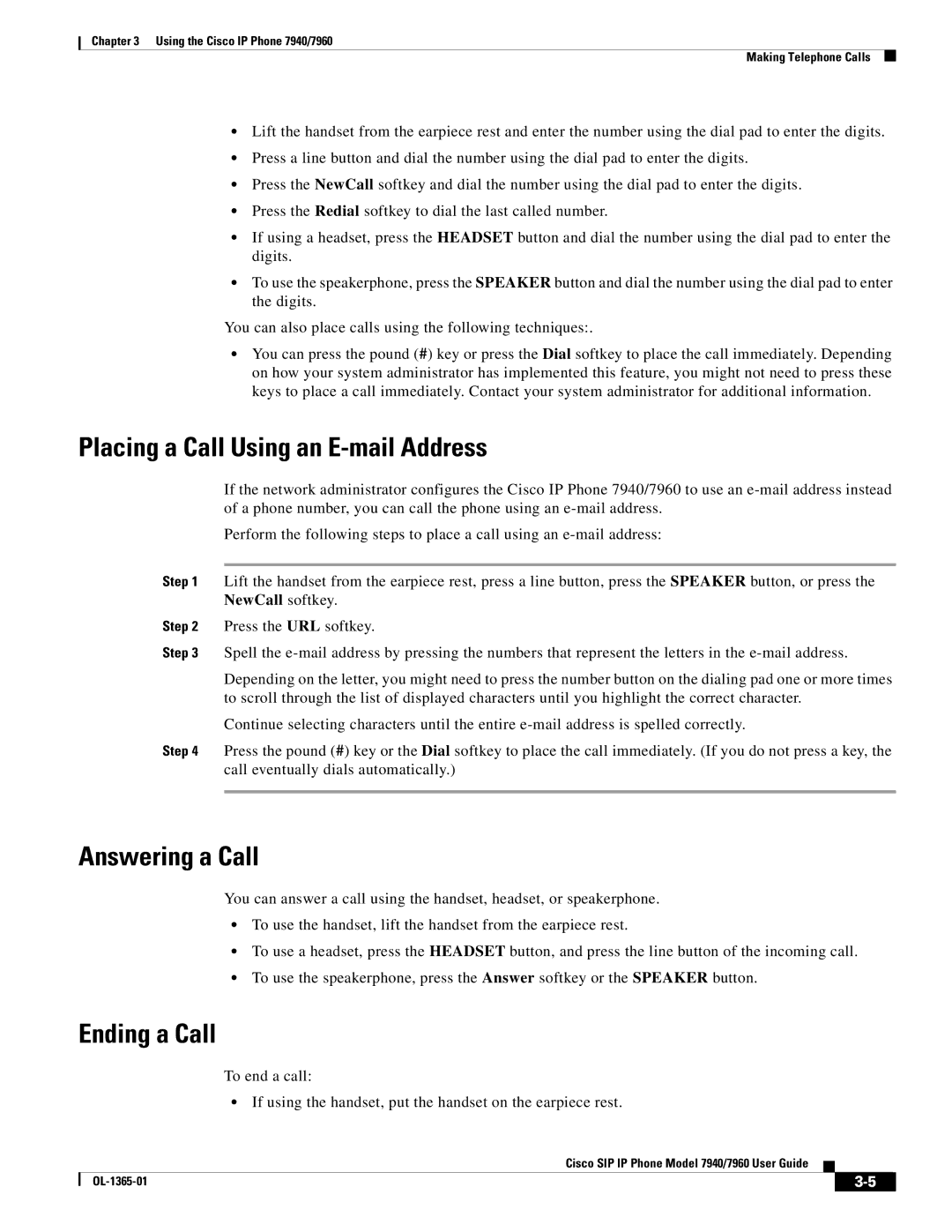 Cisco Systems OL-1365-01 manual Placing a Call Using an E-mail Address, Answering a Call, Ending a Call 