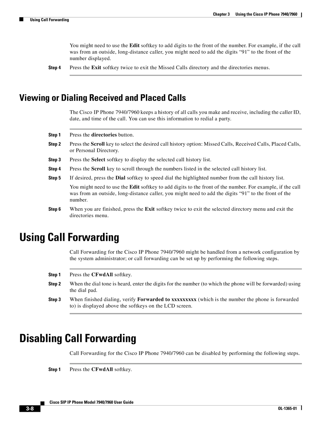 Cisco Systems OL-1365-01 Using Call Forwarding, Disabling Call Forwarding, Viewing or Dialing Received and Placed Calls 