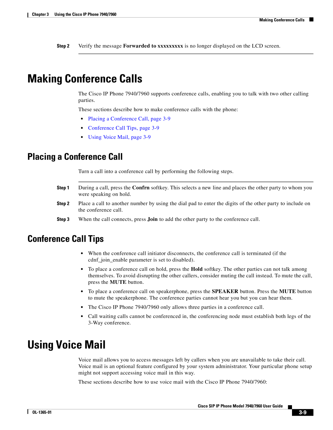 Cisco Systems OL-1365-01 manual Making Conference Calls, Using Voice Mail, Placing a Conference Call, Conference Call Tips 