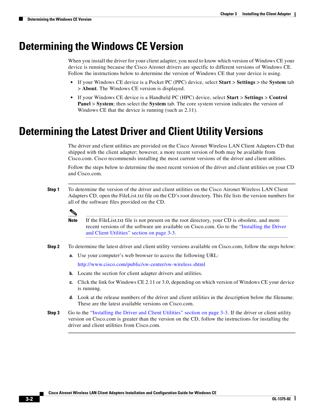 Cisco Systems OL-1375-02 Determining the Windows CE Version, Determining the Latest Driver and Client Utility Versions 